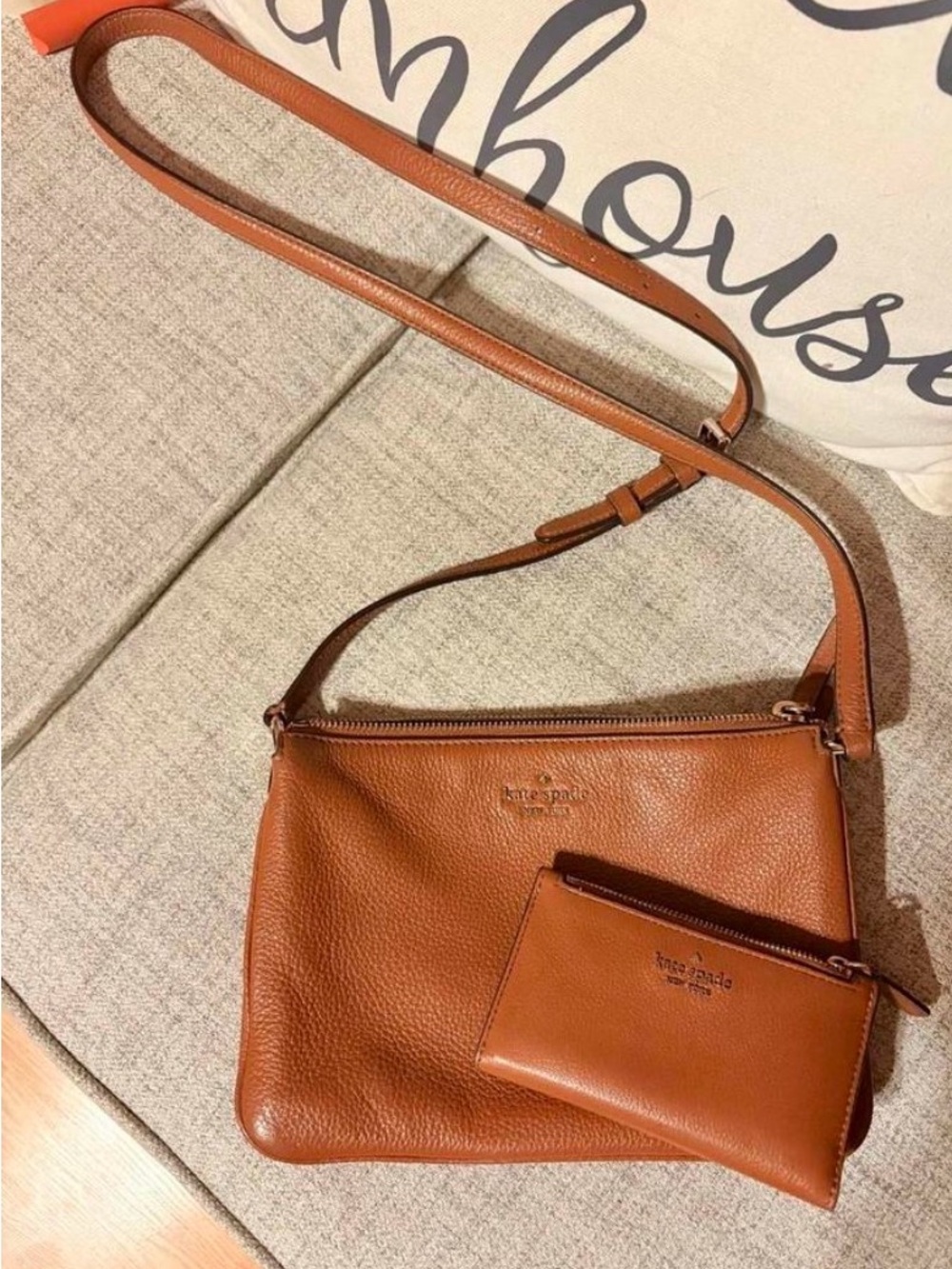 kate spade tan/brown Pebbled Leather Crossbody purse with matching wallet
